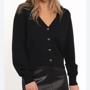 Black V-Neck Sweater with Bow Button Detail